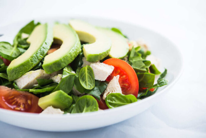 Fresh,Salad,With,Chicken,,Tomatoes,,Spinach,And,Avocado,On,White